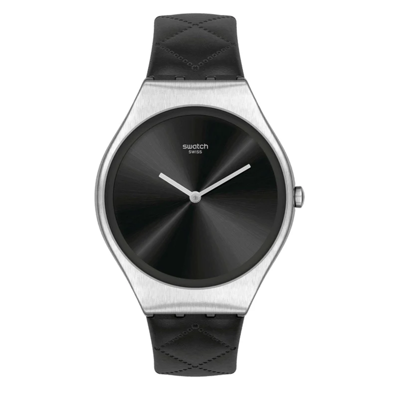 Swatch Black Quilted Quartz Black Dial Leather Strap Ladies Watch SYXS136