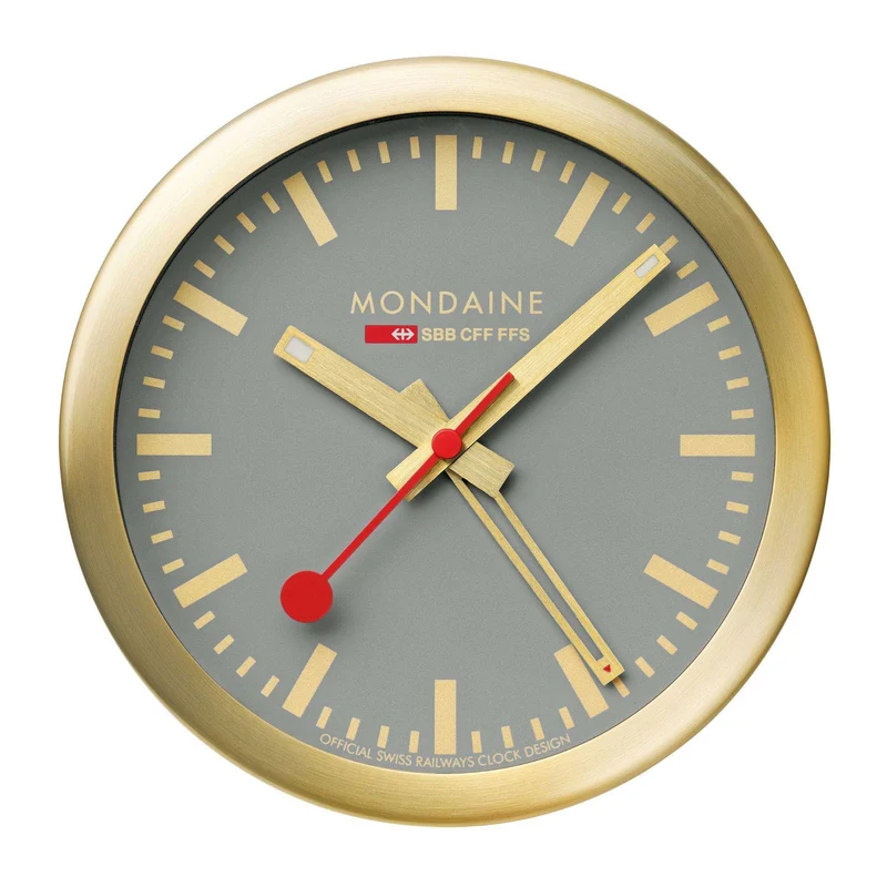Mondaine 12.5cm Grey Face Gold Aluminium Case Quartz Table and Alarm Clock A997.MCAL.86SBG