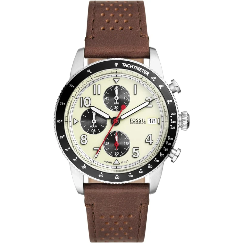 Fossil Sport Tourer 42mm Chronograph Cream Dial Leather Mens Quartz Watch FS6042
