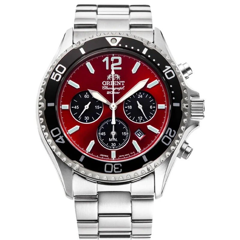 Orient Mako 43mm Chronograph Red Dial Steel Mens Solar Watch RA-TX0207R10B