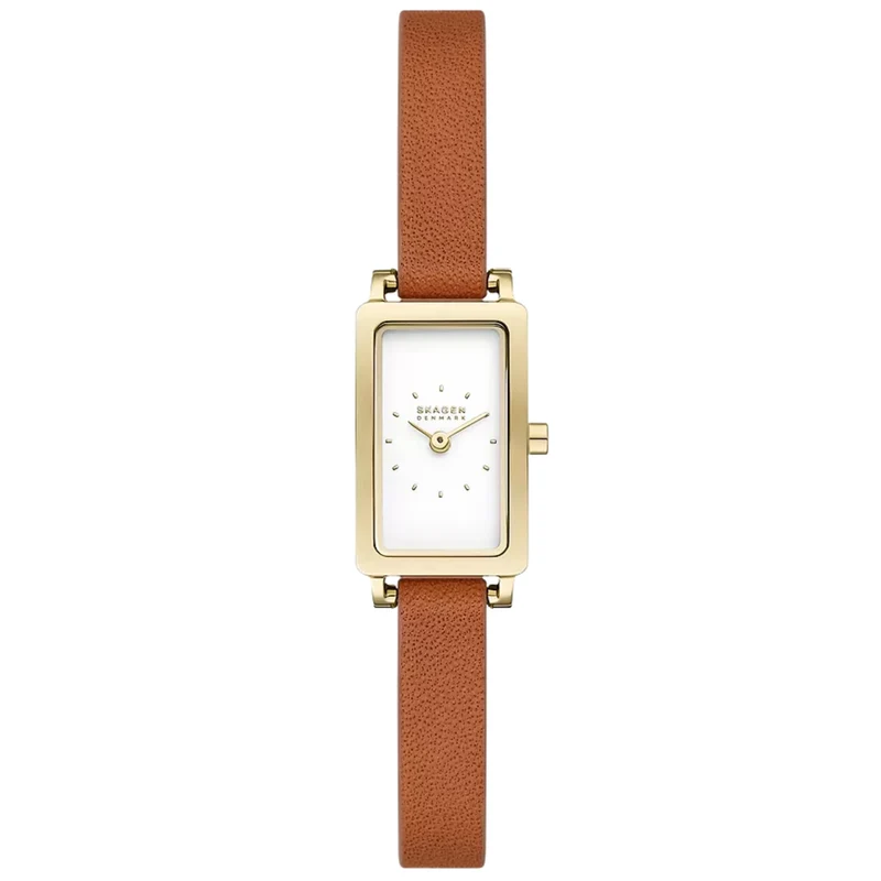 Skagen Hagen Micro White Rectangular Dial Brown Leather Strap Women's Watch SKW3149