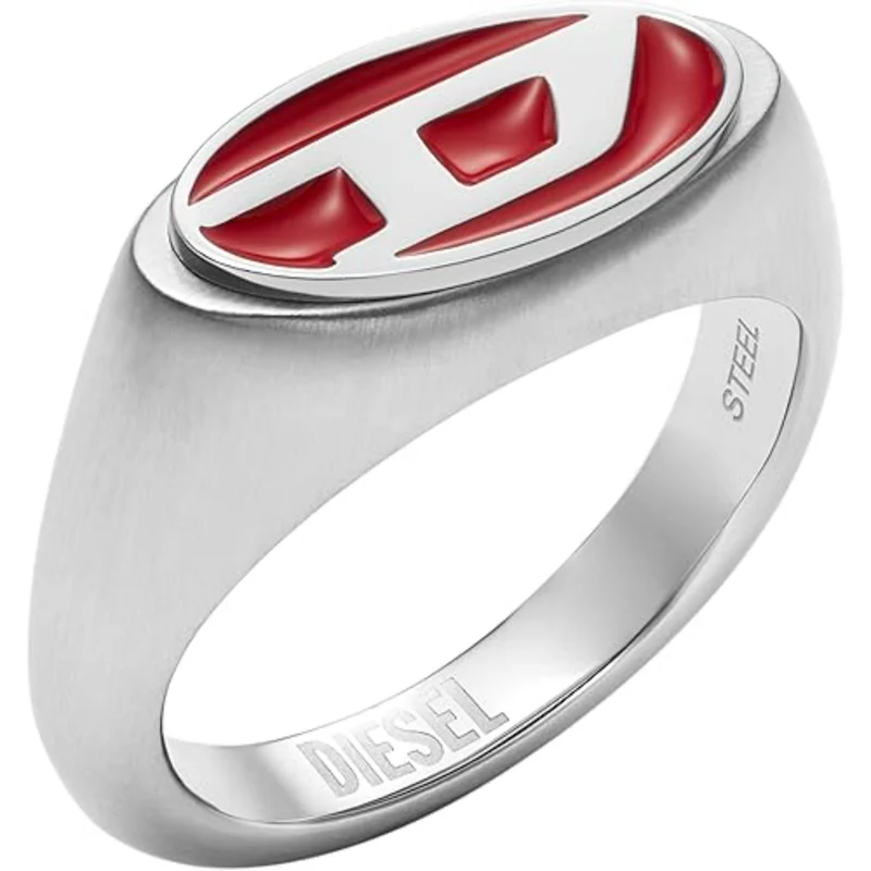 Diesel Red Lacquer & Silver Stainless Steel Logo Signet Ring DX1444040-9