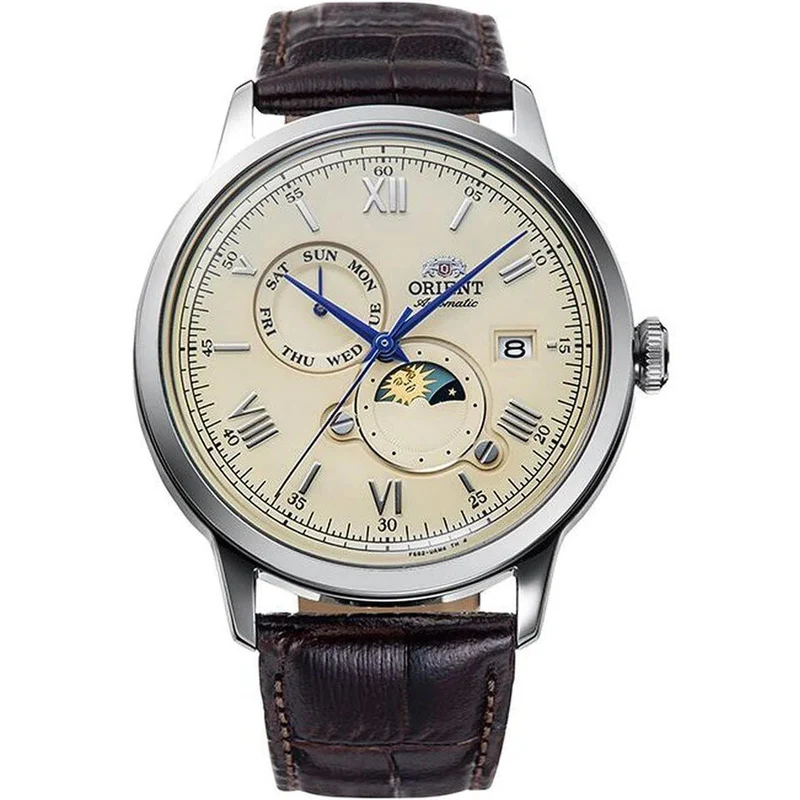 Orient Bambino 41.5mm Sun & Moon Champagne Dial Leather Mens Automatic Watch RA-AK0803Y30B