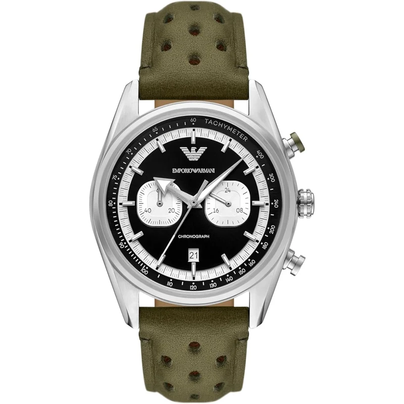 Emporio Armani Racer 42mm Chronograph Black Dial Leather Mens Quartz Watch AR11709