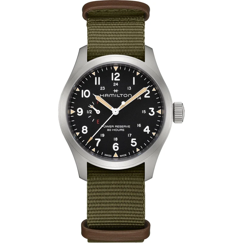Hamilton Khaki Field 40mm Power Reserve Black Dial NATO Mens Mechanical Watch H69509930