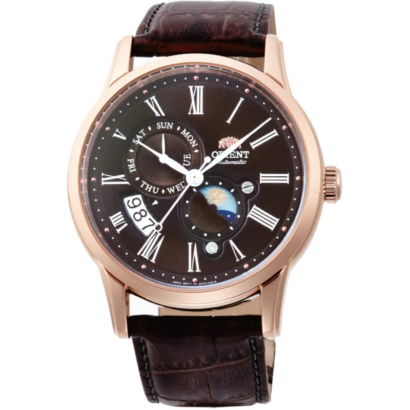 Orient Sun and Moon 42.5mm Brown Dial Leather Mens Automatic Watch RA-AK0009T30B