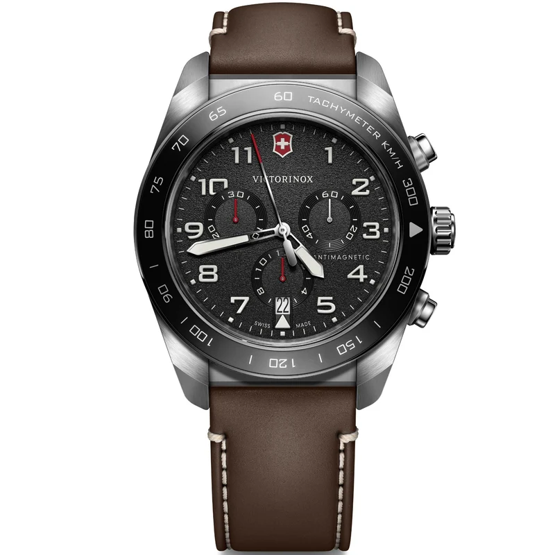 Victorinox Swiss Army 42mm Chronograph Black Dial Leather Mens Quartz Watch 242046