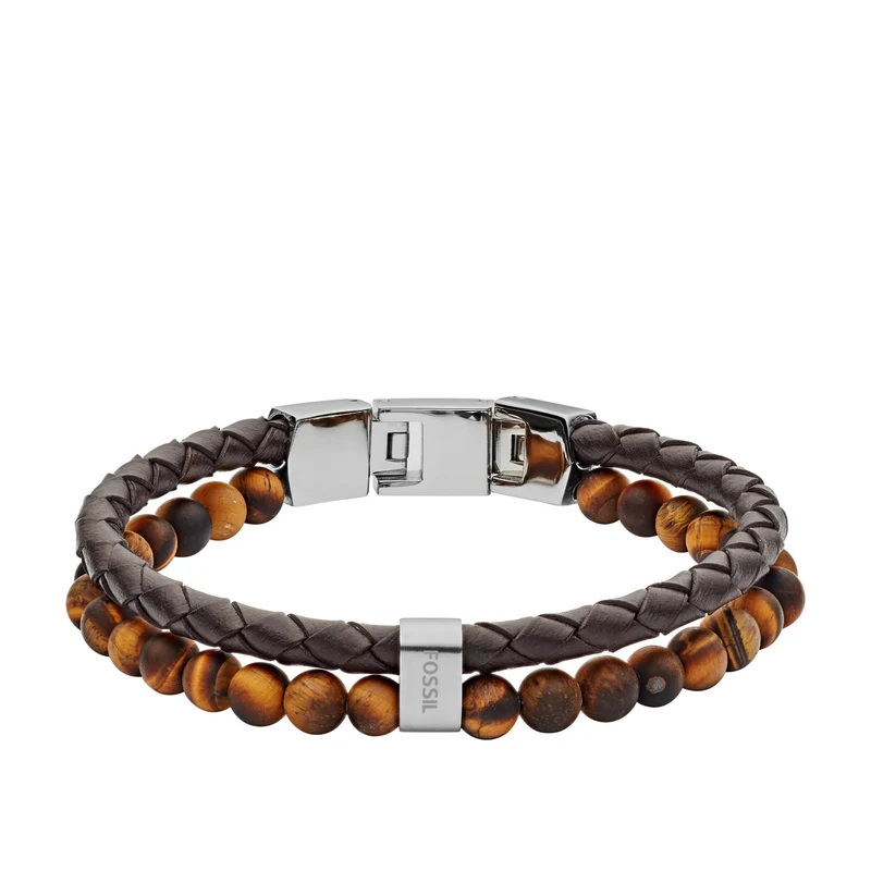 Fossil Tiger’s Eye and Brown Leather Bracelet Men’s JF03118040