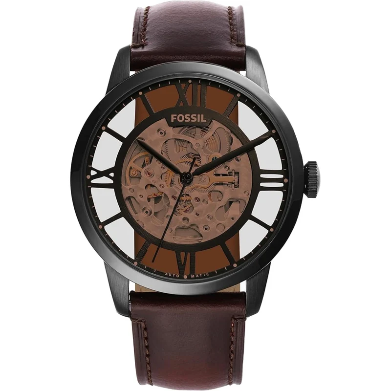 Fossil Townsman 44mm Skeleton Brown Dial Leather Mens Automatic Watch ME3098