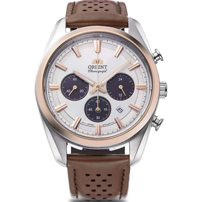 Orient Stretto 40mm Chronograph White Dial Leather Mens Solar Watch RA-TX0306S10B