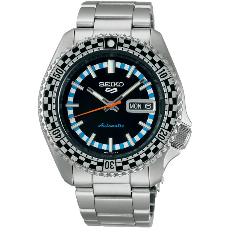 Seiko 5 Sports Checker Flag Automatic Black Dial Steel Strap Men's Watch SRPK67K1