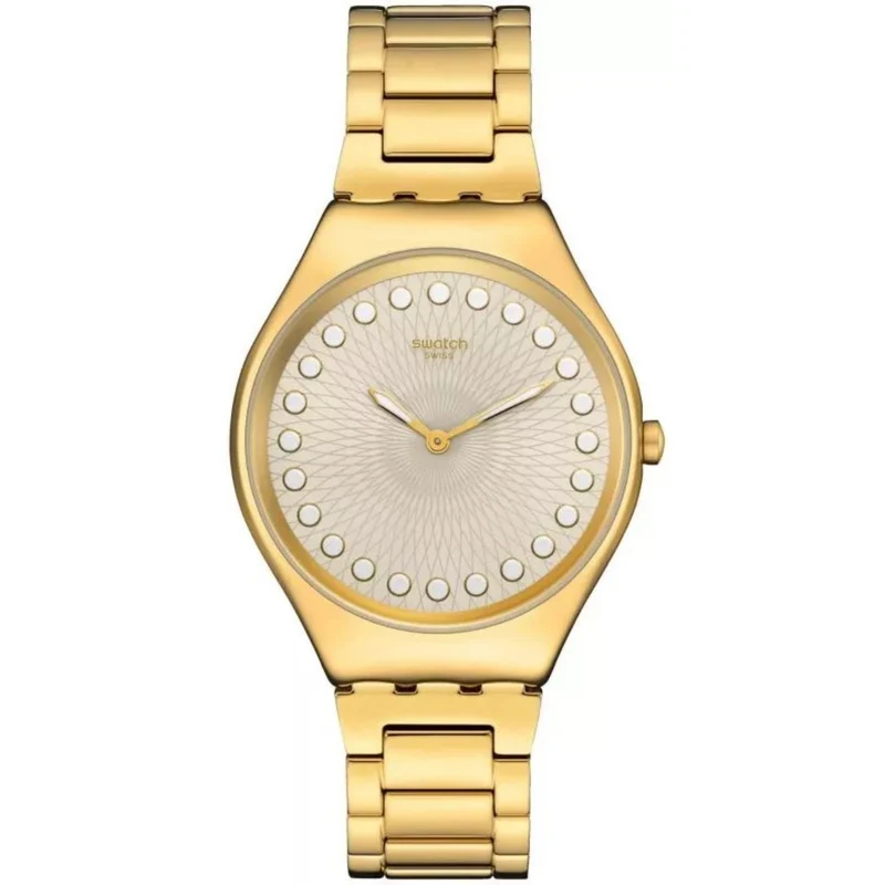 Swatch Holiday Collection Bubbly And Bright Quartz Beige Dial Gold PVD Stainless Steel Case Unisex Watch SYXG126G